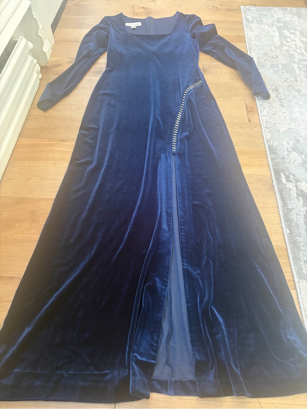 Velvet Long Sleeve Navy Dress with Slit
